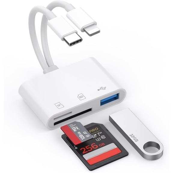 SD Card Reader for iPhone iPad Mac, Lightning & USB-C Dual Connectors Memory Card Reader with SD/Micro SD/USB-A 3 Slots, Digital Camera Adapter to iPhone, Plug & Play
