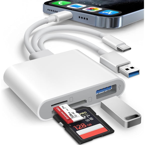 SD Card Reader for iPhone iPad Mac Trail Game Camera Viewer Built-in 3-in-1 Connector (Lightening, USB-C and USB-A) with MicroSD USB-A 3 Slots, Portable No App Required Plug & Play - White
