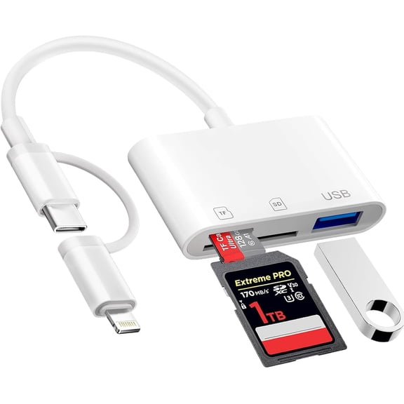 SD Card Reader for iPhone iPad Mac, USB C and Lightning Dual Interface Memory Card Reader, Digital Camera Adapter to iPhone SD Card Viewer with SD/Micro SD/USB-A 3 Slot, No App Plug and Play