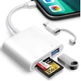 thumbnail image 1 of SD Card Reader for iPhone iPad Trail Camera Viewer 3-in-1 SD Adapter with Dual Slots & USB Port, Memory Card Adapter Dual-connector Design with Lightening&USB-C for Photographers, Plug & Play, 1 of 6