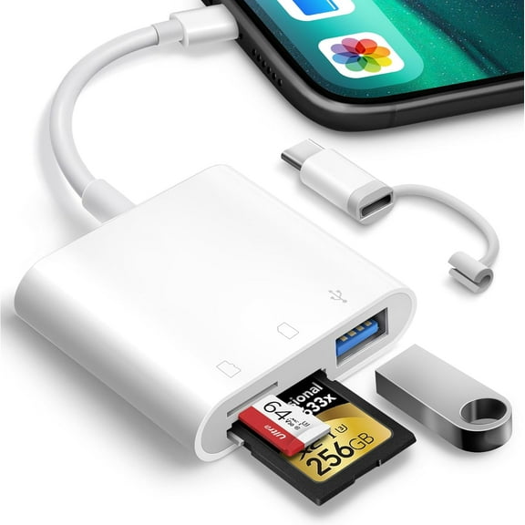 SD Card Reader for iPhone iPad Trail Camera Viewer 3-in-1 SD Adapter with Dual Slots & USB Port, Memory Card Adapter Dual-connector Design with Lightening&USB-C for Photographers, Plug & Play