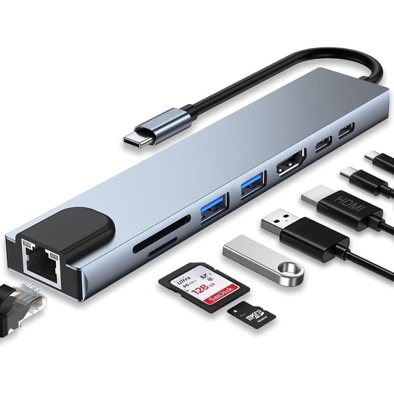 DJJD 8 in 1 Usb C Hub Splitter,TF/SD Card Reader,Compatible with MacBook Pro, iPad Pro,Laptops
