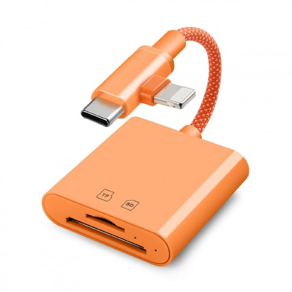 SD Card Reader for iPhone iPad with USB C and Lightening Dual Port, Portable TF/SD Card Reader for Camera Adapter, No Driver Needed, Plug and Play, Orange
