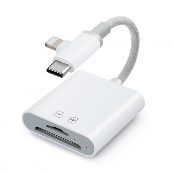 SD Card Reader for iPhone iPad with USB C and Lightening Dual Port, Portable TF/SD Card Reader for Camera Adapter, No Driver Needed, Plug and Play, White