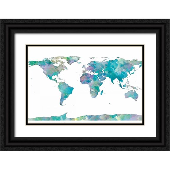 SD Graphics Studio 14x11 Black Ornate Wood Framed with Double Matting Museum Art Print Titled - World Map Watercolor