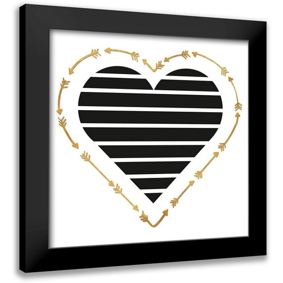 SD Graphics Studio 15x15 Black Modern Framed Museum Art Print Titled - Heart Stripes and Gold Arrows