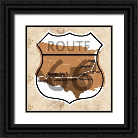 SD Graphics Studio 20x20 Black Ornate Wood Framed with Double Matting Museum Art Print Titled - Route 66 Map