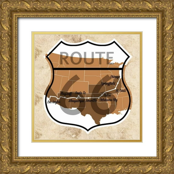 SD Graphics Studio 26x26 Gold Ornate Wood Framed with Double Matting Museum Art Print Titled - Route 66 Map