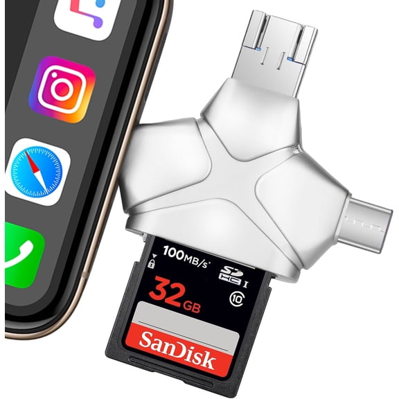 SD/Micro SD Card Reader for iPhone/iPad/Android/Mac/Computer/Camera, 4 in 1 Triangle Portable Memory Card Reader, Compatible with TF Cards&Trail Camera Viewer, Plug and Play, No App Required