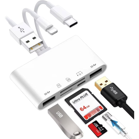 SD/MicroSD Card Reader for /iPad, 7-in-1 USB-A & USB C & Lighting to Memory Card Reader, USB Camera Adapter with PD Compatible with 7-17 Series, iPad Pro, Galaxy S25 &