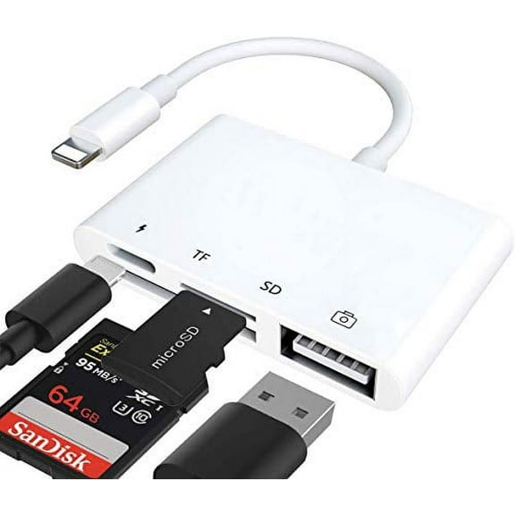 SD TF Card Reader Lightning Adapter, rosyclo Apple MFi Certified 4 in 1 USB OTG Camera Connection Kits Charge Cable for iPhone, Compatible with iPhone12/11/11Pro/X/iPad, Support iOS 9.2-14+(White)