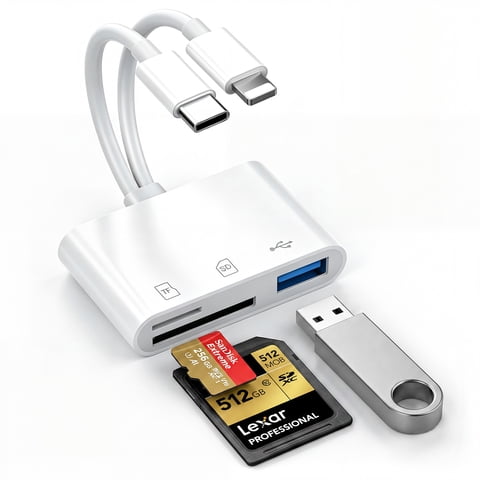Atzeste 3-in-2 SD Card Reader for iPhone iPad, USB SD/TF Card Adapter for iPhone 17/16/15 Pro Max Memory Card Reader with SD MicroSD USB for Mac/iPad/MacBook Pro/Air Android Phone