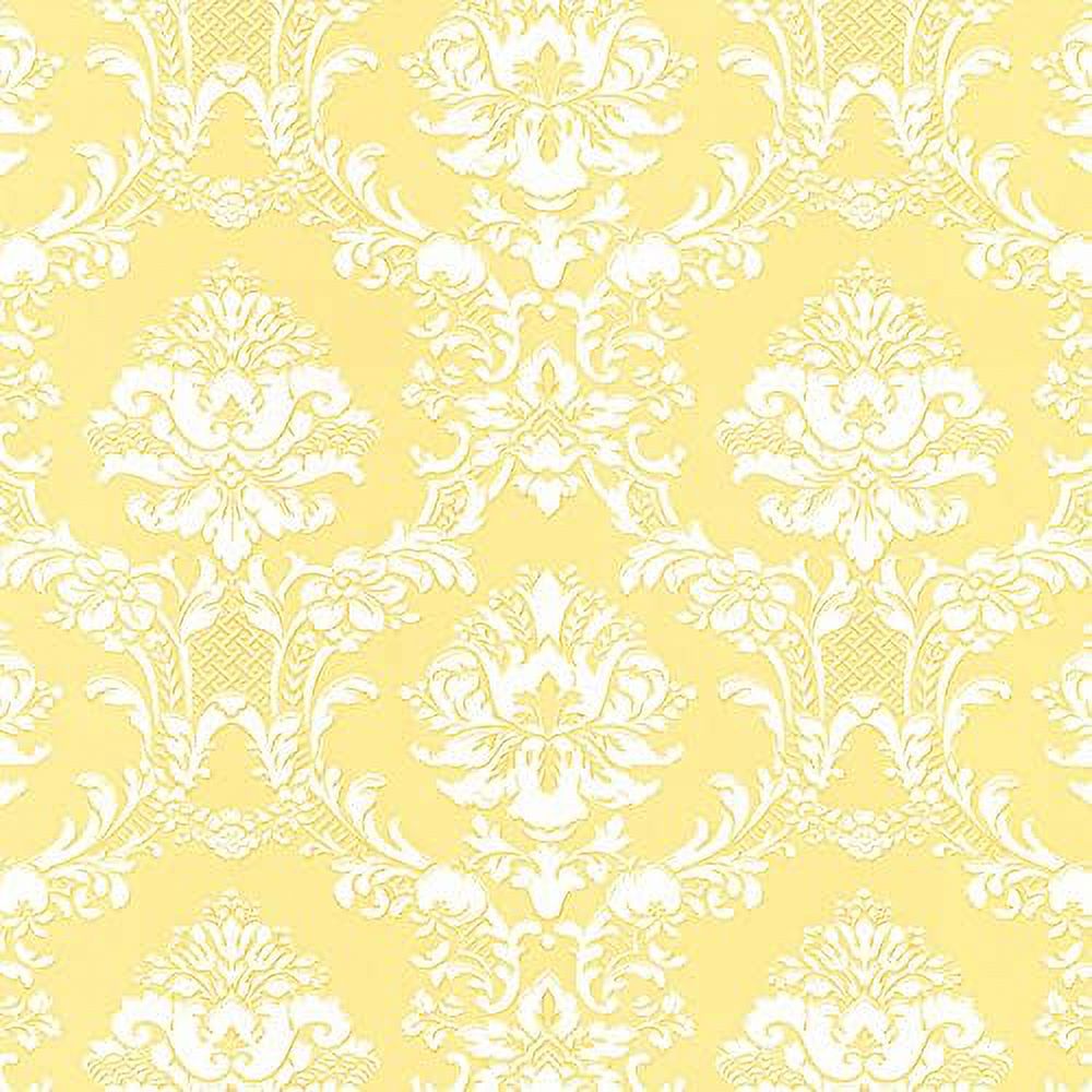 SD25650 Document Damask Prepasted Wallpaper, Yellow, White
