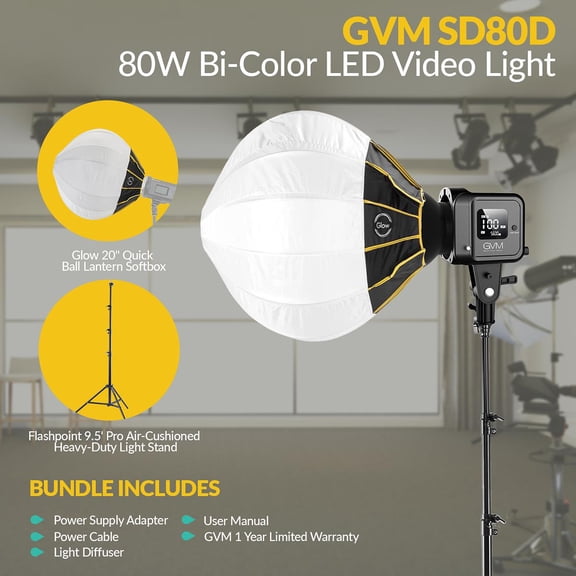 GVM SD80D 80W Bi-Color LED Video Light, Bundle with Glow 20" Quick Ball Lantern Softbox and Flashpoint 9.5' Pro Air-Cushioned Heavy-Duty Light Stand