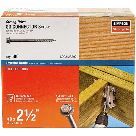 SD9212R500 - #9 x 2-1/2 Inch Strong Drive SD Connector Screws - 1/4 Inch Hex Head, Galvanized Coating, Hex Bit Included, for Construction, Home Improvement (Box of 500)