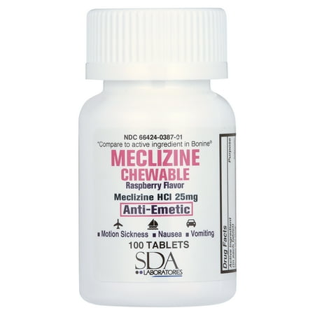 Meclizine 25 mg Generic For Bonine Chewable Tablets for Prevention of Motion Sickness and Anti-Nausea 100 Tablets per Bottle SDA LABS