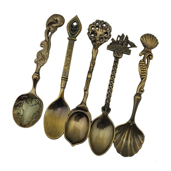 SDFGTstore 3D Relief Pattern Durable Alloy 5 Piece Spoon Set Antique Relief Kitchen Accessories Ideal For Household Cafes Use