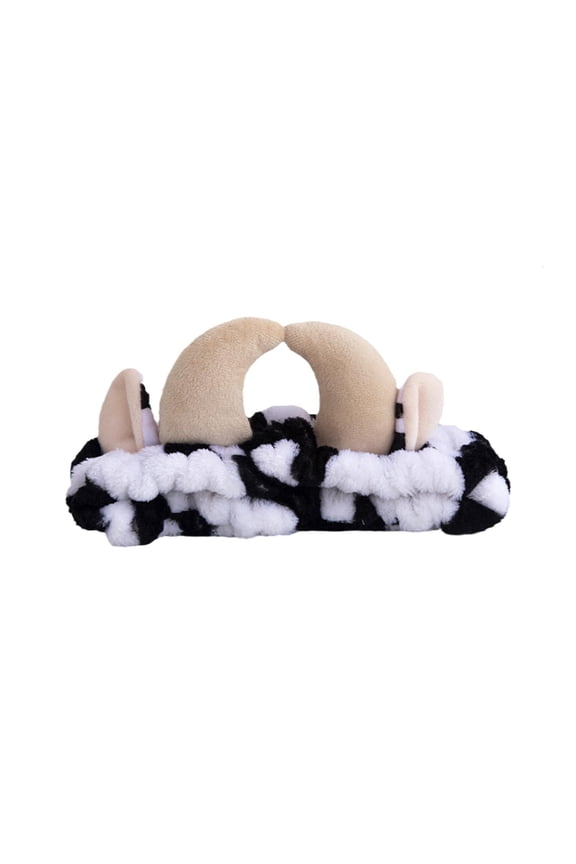 Cow Headband Bow Horns Flannel Bandana Face Makeup Hairband Elastic Holder