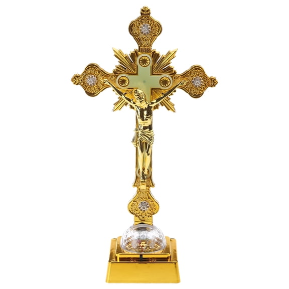SDFGTstore European Cross Church Ornaments LED Lighted Crucifix Statue Religious Figurine