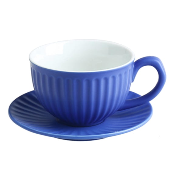 SDFGTstore European Retro Ceramic Blue Rib Coffee Cup with Saucer Set Personality Milk Breakfast Tea Mug Snack Plate Drinkware