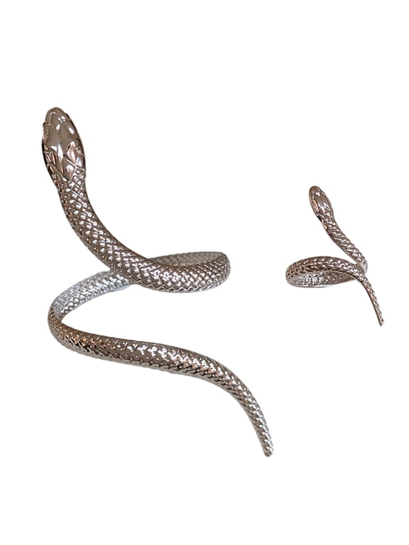Fashionable Gothic Snake Cuff Bangle Bracelet and Punk Serpents Animal Finger Rings for Men and Women Jewelry Set