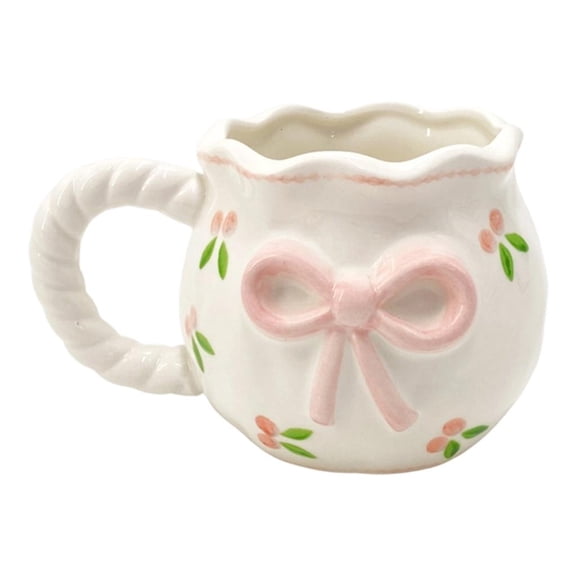 SDFGTstore Handmade Bows Detailing Drinking Mug White Ceramic Water Cup With Bowknot Pattern Dishwasher Safe Tableware