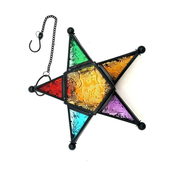 SDFGTstore Moroccans Star Shape Lanterns Holder Colored Glass and Iron Candle Display Stand