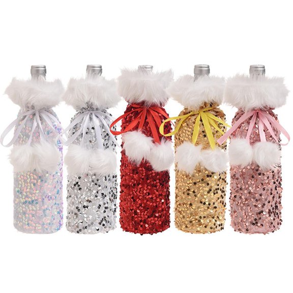 SDFGTstore Set of 5pcs Sequins Bottle Toppers Wine Cup Wraps for Home Dinner Table Decors