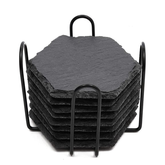 SDFGTstore Set of 8 Natural Stone Material Slate Coasters with Iron Storage Rack 3 Styles to Choose Cup Coasters Tables Decorations