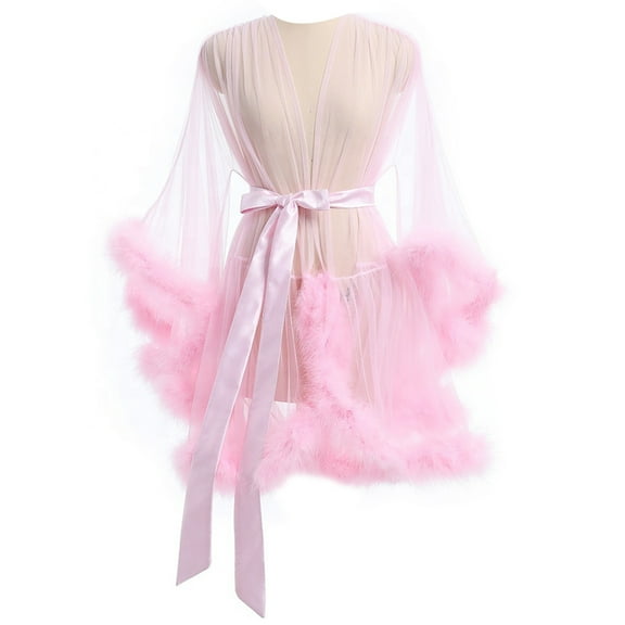 SDFGTstore Sophisticated See Through Bathrobe Nightgown for Women Sheer Mesh Furry Trim Lingerie Kimono Robe with Adjustable Belt