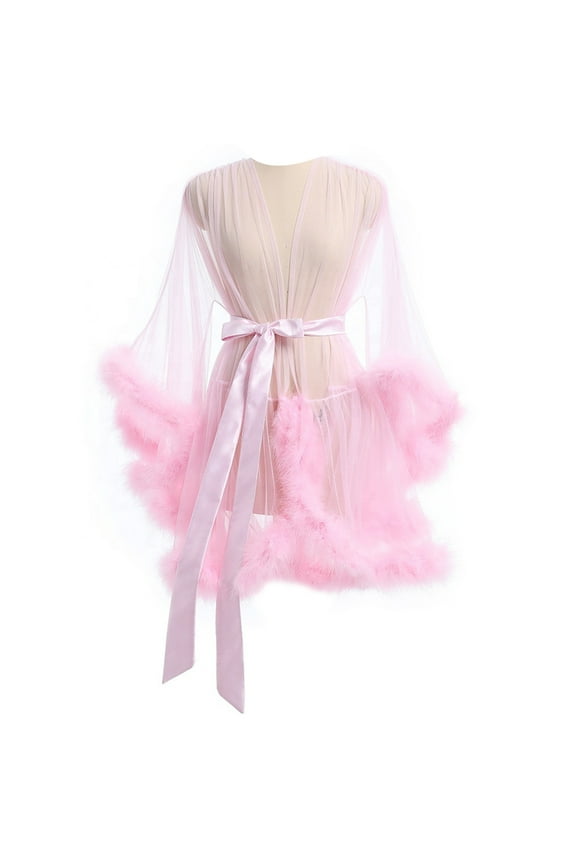 Sophisticated See Through Bathrobe Nightgown for Women Sheer Mesh Furry Trim Lingerie Kimono Robe with Adjustable Belt