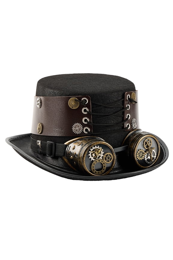 Steampunk Headpiece Tall Hat with Goggles Adjustable PU Strap Roleplay Props Hat