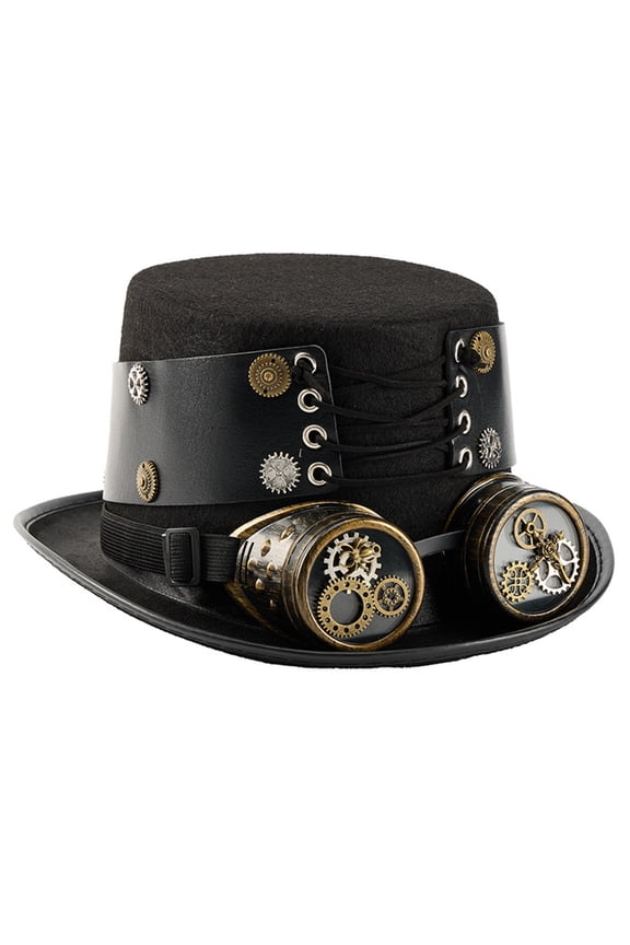 Steampunk Headpiece Tall Hat with Goggles Adjustable PU Strap Roleplay Props Hat