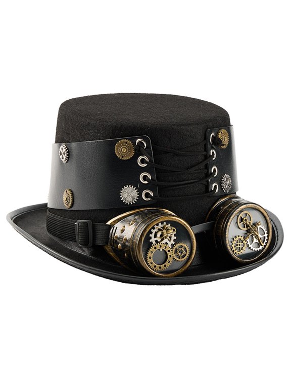 Steampunk Headpiece Tall Hat with Goggles Adjustable PU Strap Roleplay Props Hat