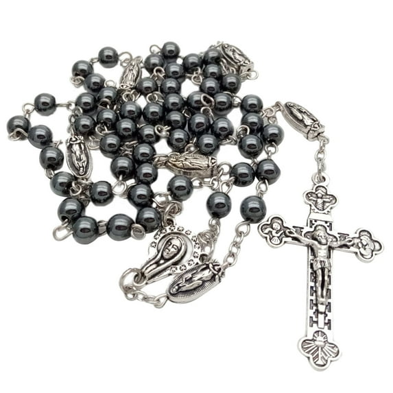 SDFGTstore Vintage Religion Rosary Necklace Hematite Stone Round Beads Chain with Jesus for Cross Pendant Necklace Charms Prayer Catholic Jewelry Gift