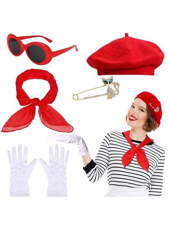 Women 1980s Cosplau Outfit Accessories Beret Hat Glasses Heart Earring Scarf Gloves for Theme Party