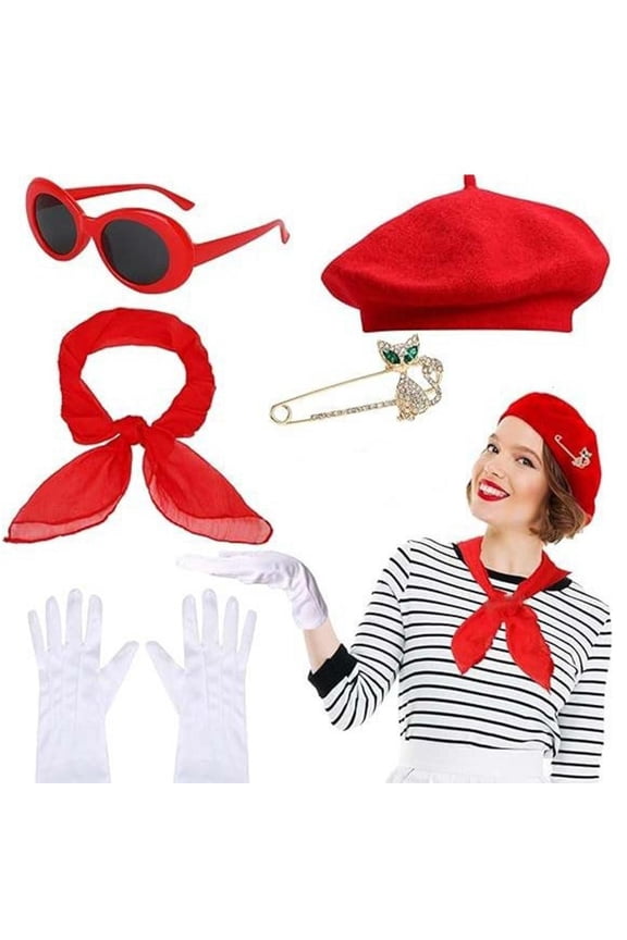 Women 1980s Cosplau Outfit Accessories Beret Hat Glasses Heart Earring Scarf Gloves for Theme Party