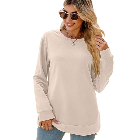 SDFGTstore Women Autumn Casual Long Sleeve Crewneck Sweatshirt Solid Color Side Split High Low Curved Hem Pullover Shirts Top