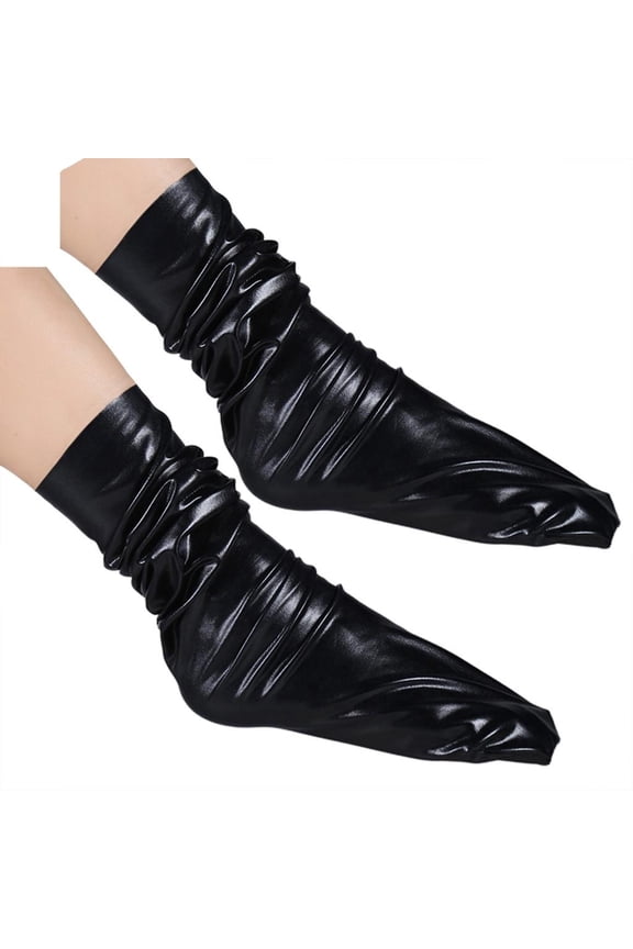 Women Faux Patent Loose Crew Socks Shiny Metallic Wetlook Solid Clubwear