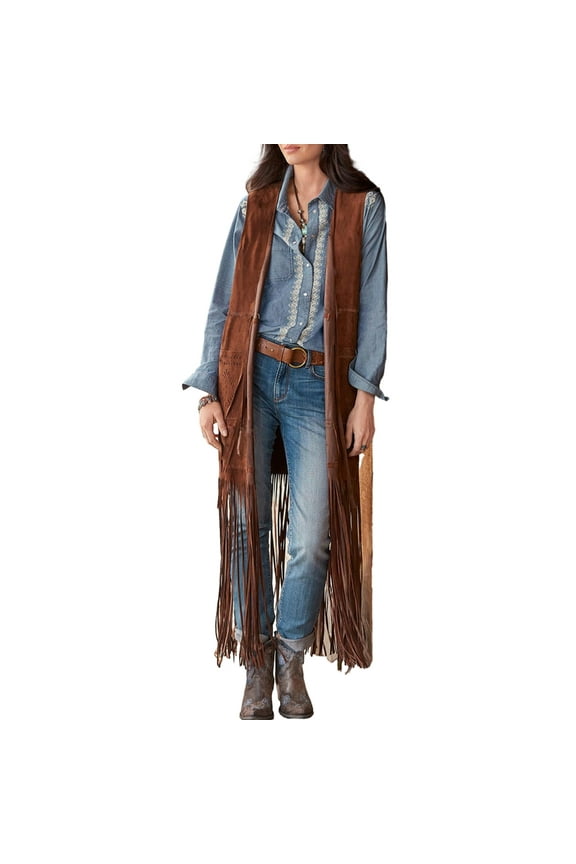 Women Fringe Vest Faux Suedes Tassels 70s Hippie Clothes Open-Front Cardigan Sleeveless Vest Female Waistcoat Outwear
