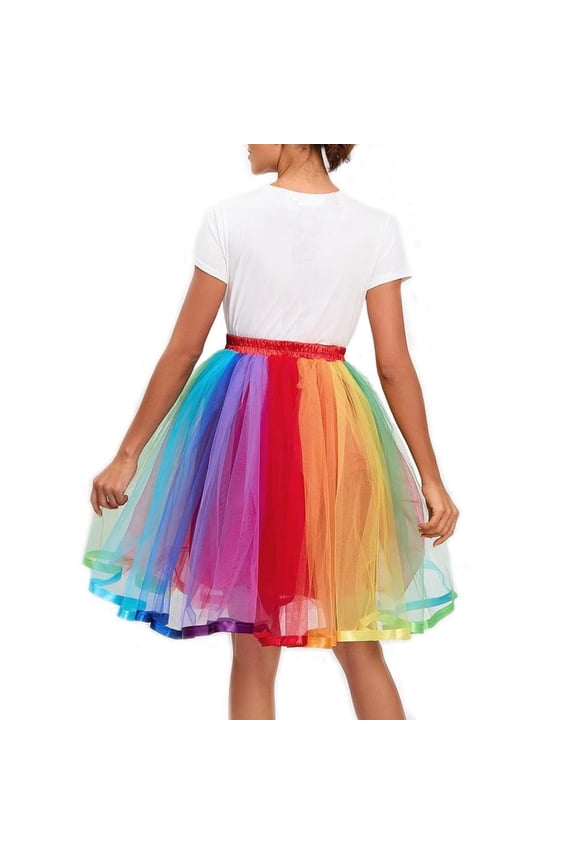Women Rainbow Tulle Skirt Adults Layered Pleated Tutus Skirt Knee Length