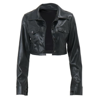SDFGTstore Womens Faux Leathers Jackets, Button Down Motorcycle Short PU Biker Outwear Fitted Coat Cropped Outerwear