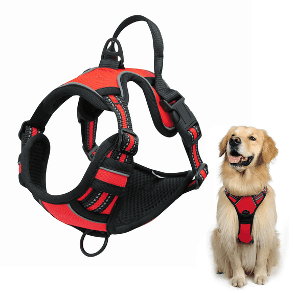 SDFTDG No-Pull Dog Harness with Handle Reflective Breathable Adjustable S-XL(M,Red)