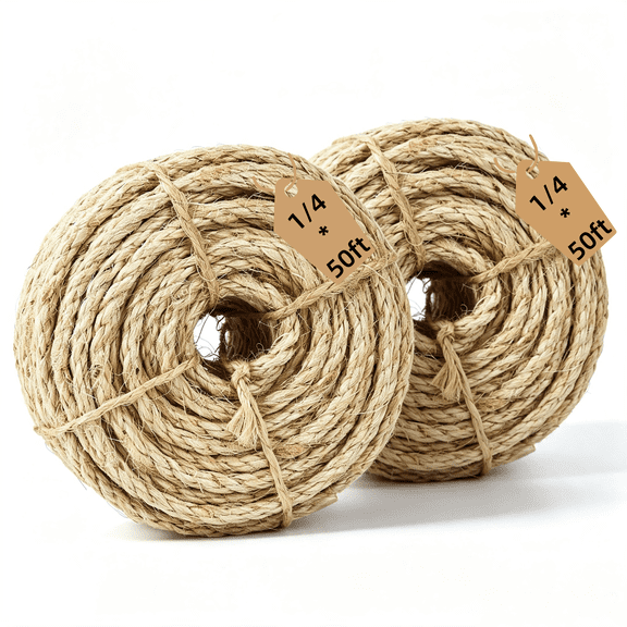 SDHUATUO 1/4" x 50ft Natural Sisal Rope, All Natural Chemical Free  Diy for Cat Scratching Post Repair, Gardening Crafts- 2 pack