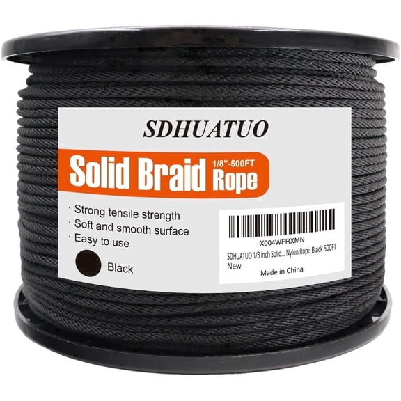 SDHUATUO 1/8 inch 500ft Nylon Solid Braided Rope, 260 lbs UV Resistant Strong Flexible Outdoor Rope for Gardening Binding Crafts, Black