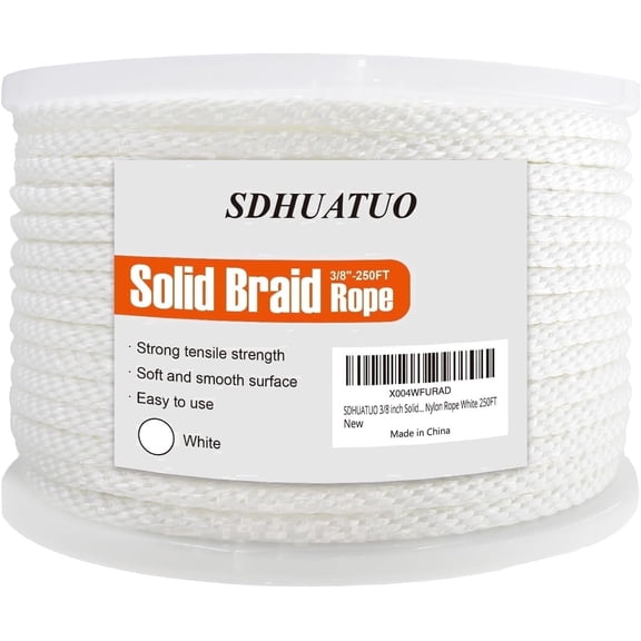 SDHUATUO 3/8 inch 250ft Nylon Solid Braided Rope, 2420 lbs UV Resistant Strong Flexible Outdoor Rope for Swings, Camping, Tent & Flagpole, White