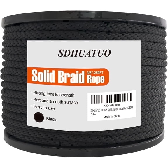 SDHUATUO 3/8 inch 250ft Nylon Braided Rope, 2420 lbs UV Resistant for Swings, Camping & Flagpole, Black