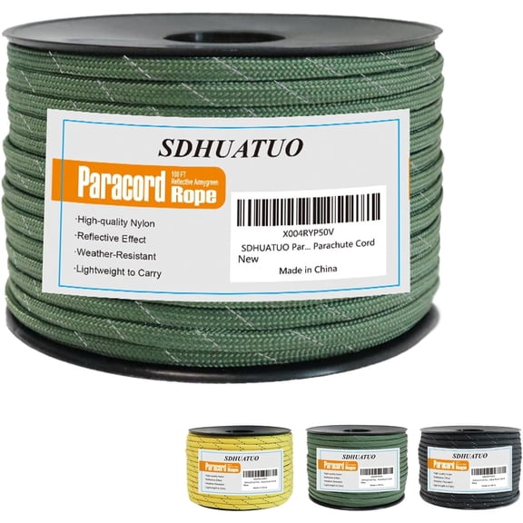 SDHUATUO 100ft 550lb Type III Nylon Paracord Rope, 7-Strand Core, Reflective Utility Survival Camping Rope, Army Green
