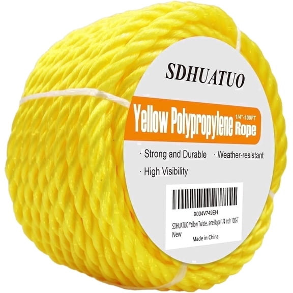 SDHUATUO Twisted Polypropylene Rope, 1/4" x 100ft, Heavy Duty, High Visibility Yellow
