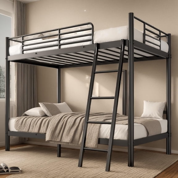 SDHYL Twin Over Twin Bunk Bed with Stairs, Heavy Duty Metal Bunk Beds for Teens Adults, Space Saving Design, No Box Spring Needed, Furniture for Bedroom, Black